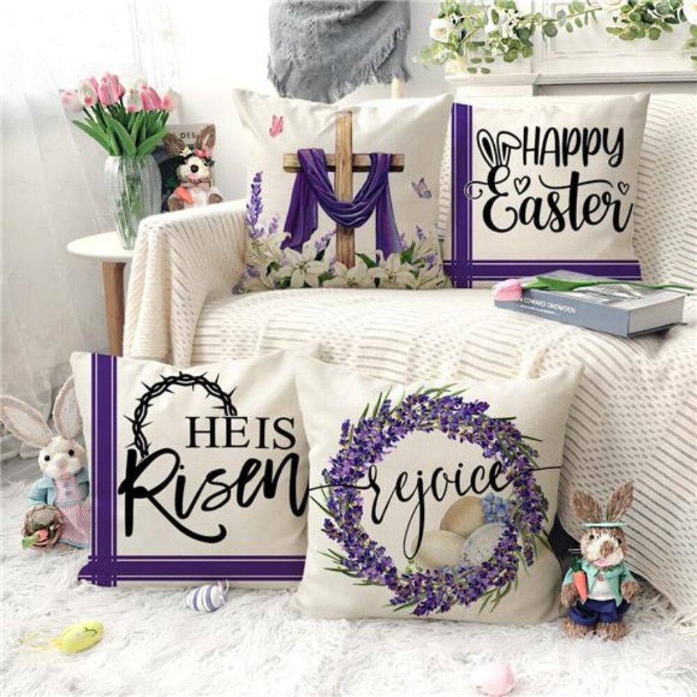 Easter Throw Pillow Covers 18 x 18 Inch Set of 4, He is Risen - Picture 3 of 7